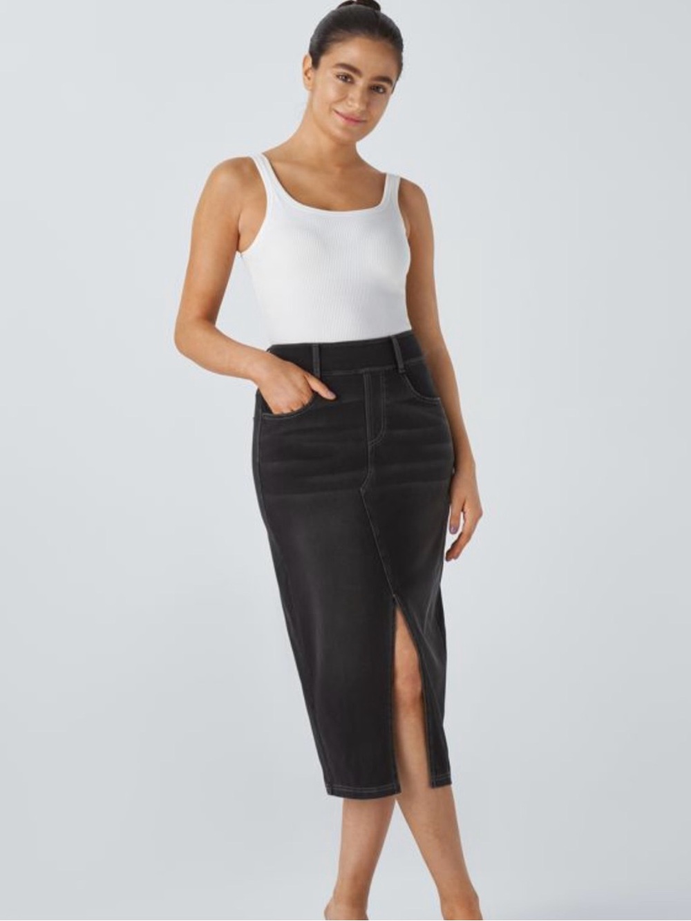 HALARA Black Midi Pencil Skirt with Front Slit
